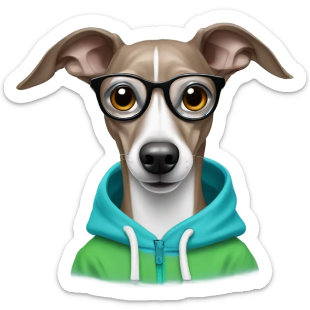 Italian Greyhound showing his teeth wearing a cyan hoodie and glasses sticker