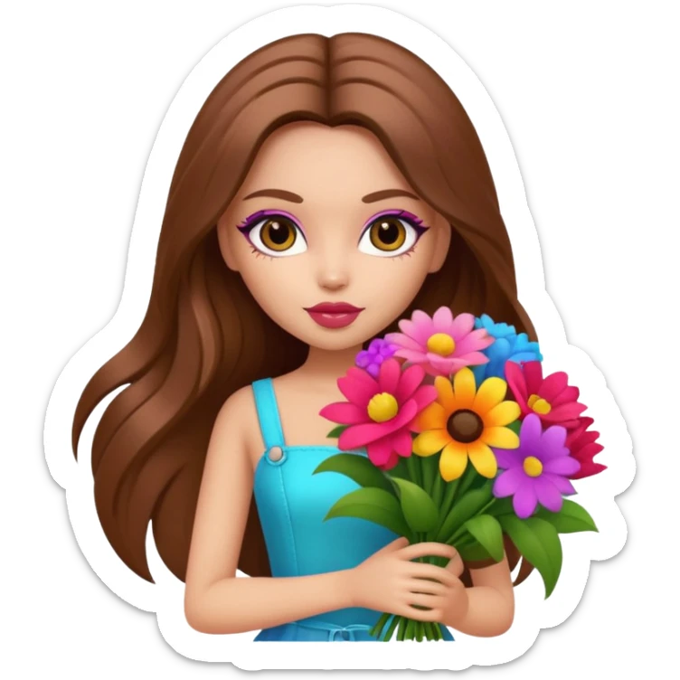 stylish pretty bratz baddie, long brown hair holding big bouet of flowers  sticker