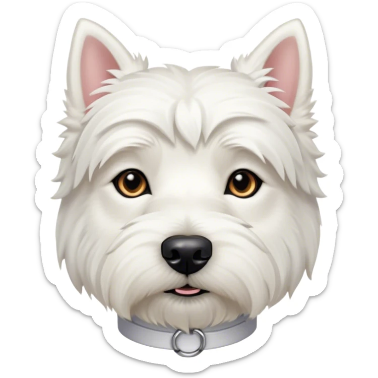 Cinematic Noble West Highland White Terrier Portrait Emoji, Poised and regal, with a compact, sturdy build and a pristine, well-groomed pure white coat, deep-set soulful dark eyes, Simplified yet sharp and sophisticated features, highly detailed, glowing with a soft, dignified glow, high shine, intelligent and loyal, stylized with an air of confidence, focused and attentive, soft glowing outline, capturing the essence of a watchful and determined companion, so majestic it feels as though it could trot out of the screen with effortless authority! sticker