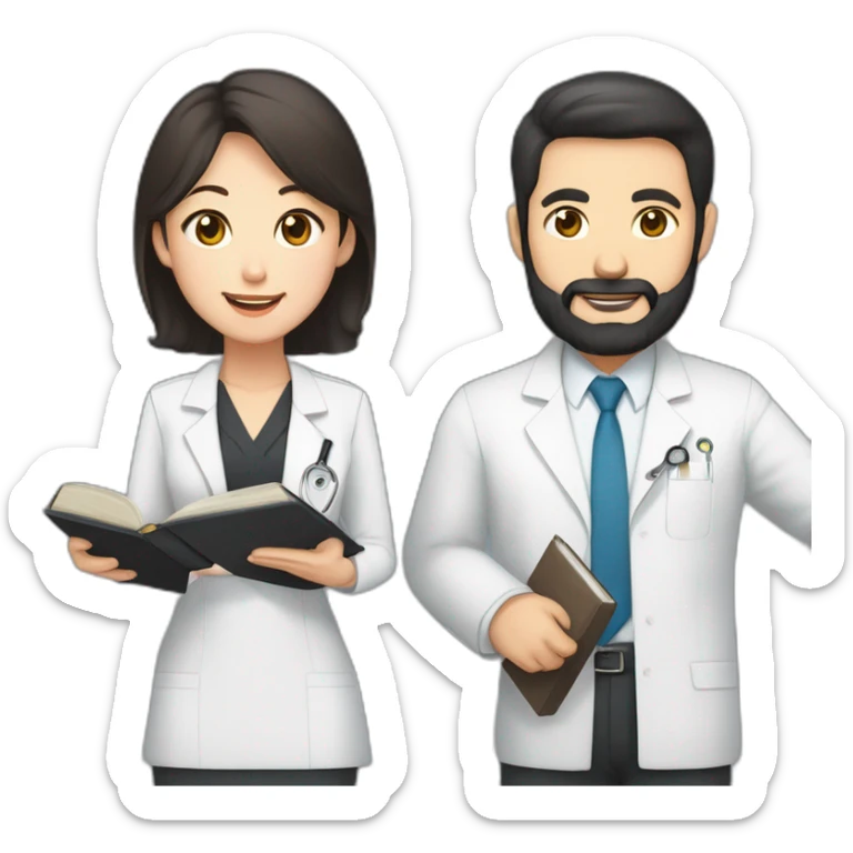 husband american age 50 dark brown hair trimmed beard wearing dark business suit holding bible together, wife asian age 50 black hair wearing nurse uniform, no children sticker