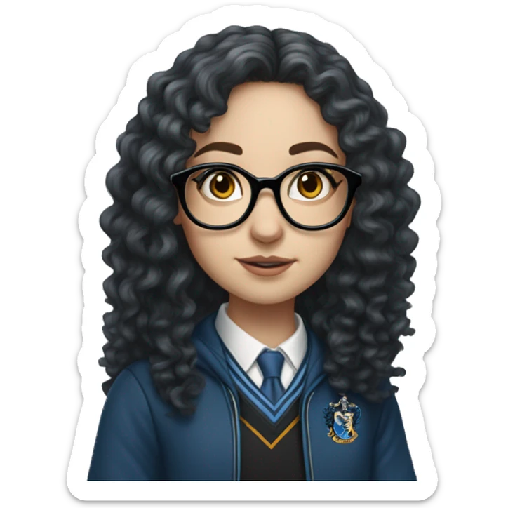 Hyper realistic White girl with long black curly hair and glasses wearing a ravenclaw school inform sticker