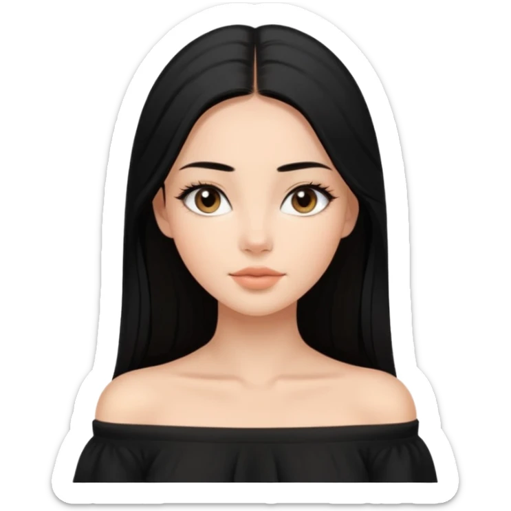A realistic 3D avatar of a young woman with a soft oval face, slim cheeks, natural almond eyes, long straight black hair, minimal makeup, wearing a black off-shoulder top, elegant and aesthetic, tanned skintone. sticker