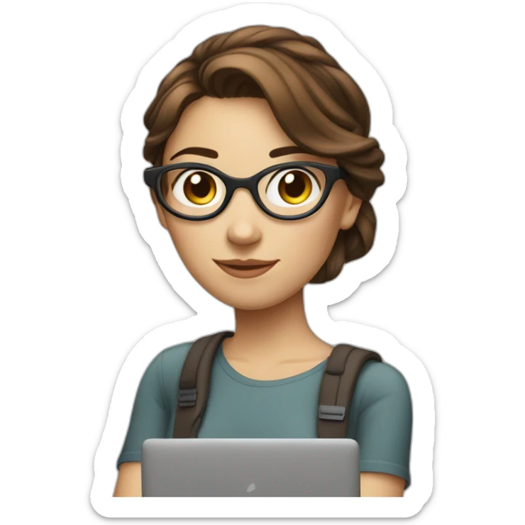 Girl with brown hair up to shoulder, social media manager, with phone or laptop, camera sticker