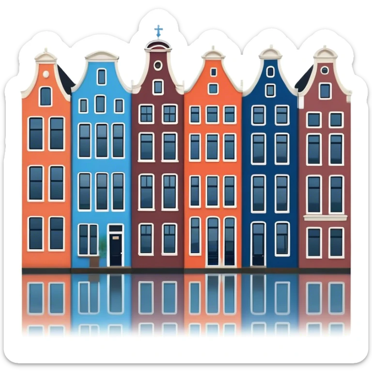 Cinematic Realistic Amsterdam Canal Houses Landmark Emoji, featuring narrow, gabled facades in vibrant colors reflecting on the calm canal waters. sticker