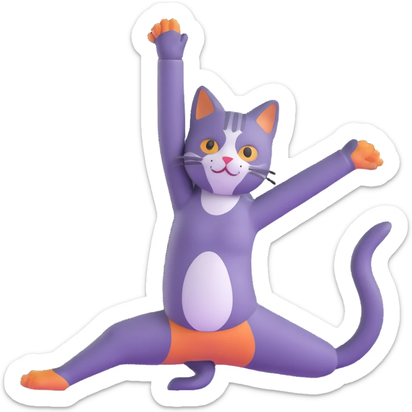 cat doing pigeon yoga pose with one leg bent in front and one leg stretched behind sticker