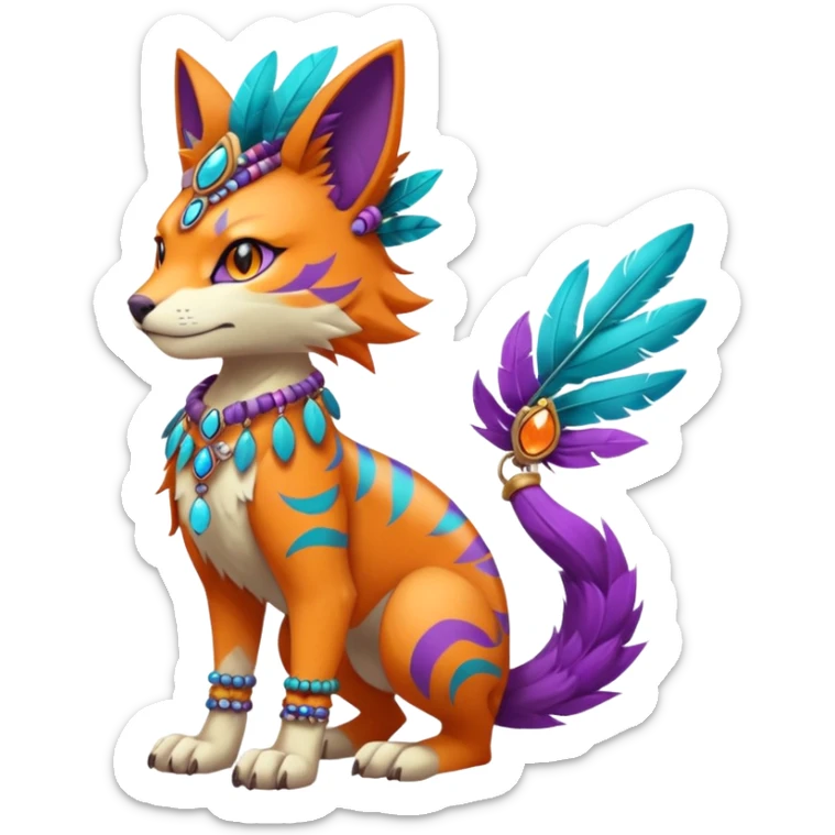 Kawaii cute orange purple turquoise exotic tribal beautiful pretty elegant divine edgy feline-vernid-sergal-Fakémon-Pokémon-Digimon-fursona-animal-creature with bracelet, necklace, full body, with intricate detailed markings, feather headdress  sticker