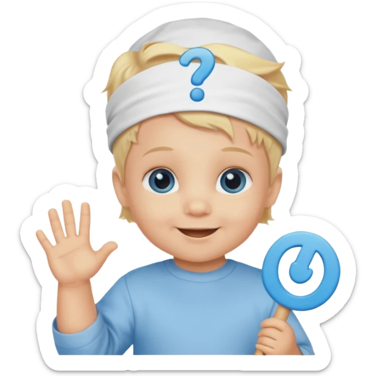 A baby Caucasian blond hair blue eyed infant with a genius sign over it’s head sticker