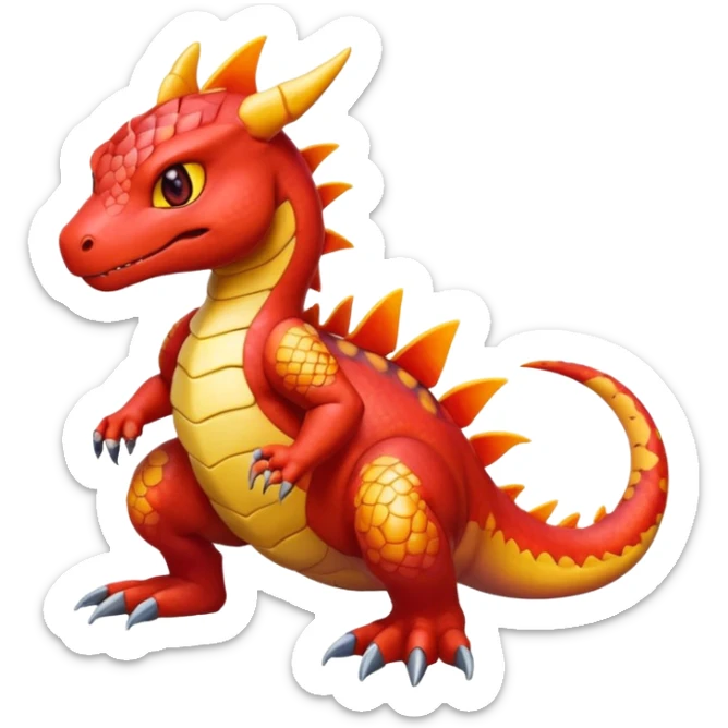 cute shiny colorful Guilmon-Salandit hybrid creature sitting, full body sticker