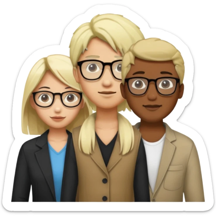 four people. Asian girl, black guy with glasses and dyed blonde hair, indian guy with glasses, asian guy sticker
