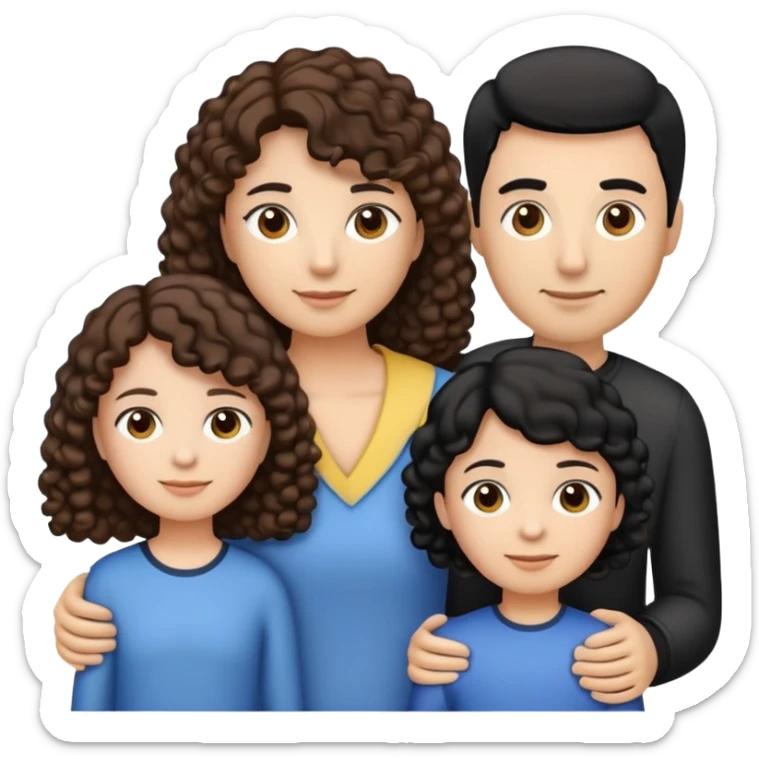 a family emoji consisting of 1 mom with medium length brown curly hair, 1 dad with one sided swept straight black hair. 1 eldest daughter with brown one sided straight hair, 1 middle child daughter with brown curly hair, youngest brother with taper fade haircut black hair.  sticker