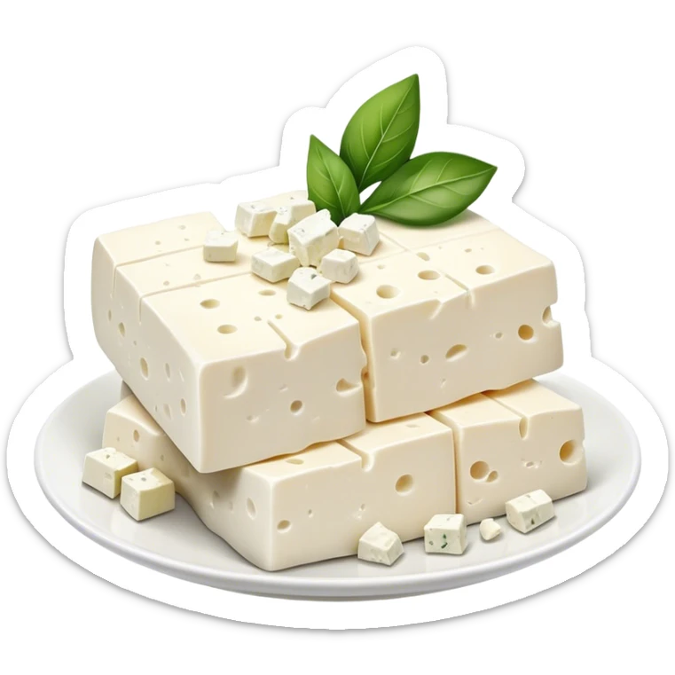 Feta Cheese Cinematic Realistic Feta Cheese Dish Emoji, depicted as slices of tangy, creamy feta cheese served on a plate, rendered with crisp textures and soft, natural lighting. sticker