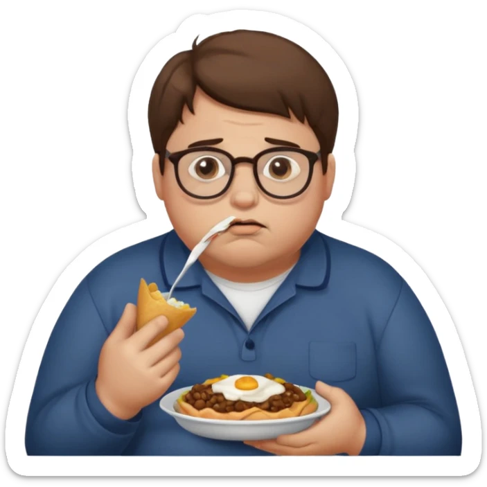 Fat sad guy with brown hair and glasses eating food sticker