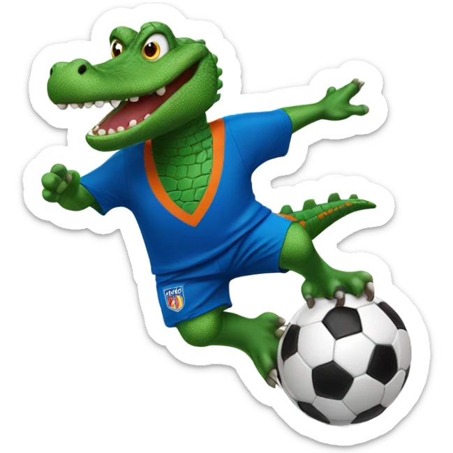 Green Gator with a soccer jersey in blue and Orange kicking a soccer ball sticker