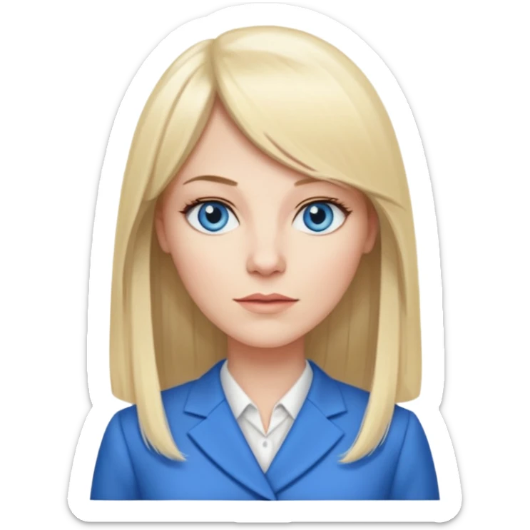 40 yr old white woman, pale skin, long straight blond hair parted in center, blue eyes, bangs, dress clothes for work sticker