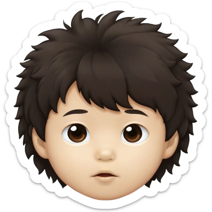 An asian 1 year old kid with brown and black hair fluffy over his eyes sticker