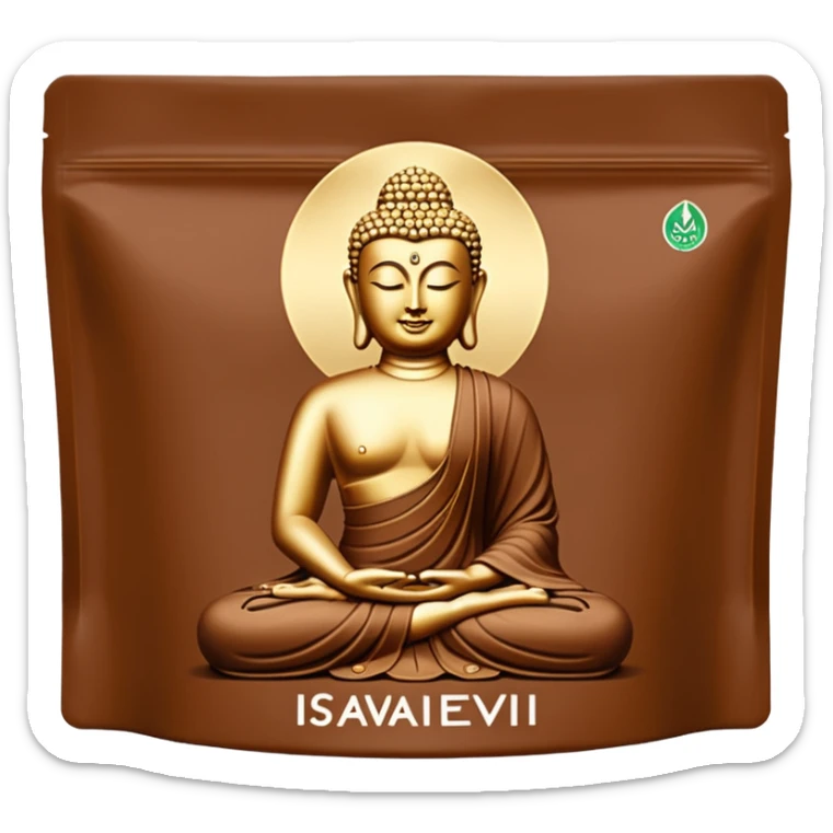 pouch of Iswari Éveil du Bouddha Maxi Protéines, matte brown, Iswari logo, product name, Buddha silhouette, Vegan Gluten-Free Organic icons, full pouch, minimal, no extra text, no faces, clean 3D style, soft shadows, transparent background, emoji scale sticker