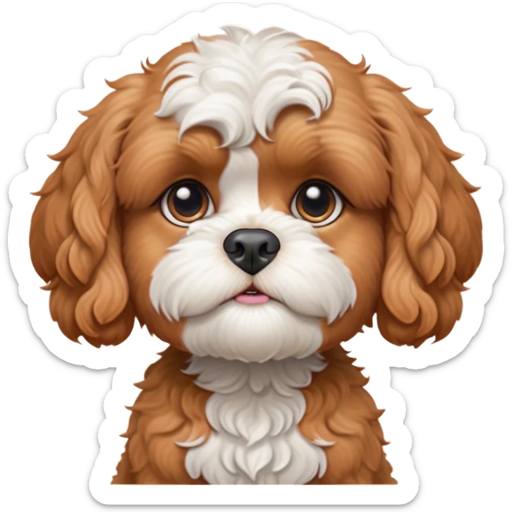 Cinematic Meme-Worthy Grumpy Apricot Cavoodle Portrait Emoji, Head held high but eyes filled with dramatic disappointment, smooth, curly apricot fur with striking white patches, deeply furrowed brow forming an unmistakable scowl, floppy ears slightly angled back in disapproval, piercing brown eyes glaring with pure exasperation, Simplified yet hilariously over-exaggerated features, highly detailed, glowing with an aura of supreme annoyance, high shine, exhausted yet judgmental, stylized with an almost regal pettiness, bright but brooding, soft glowing outline, capturing the essence of a companion that has seen it all and is thoroughly unimpressed, so meme-worthy it feels like it could instantly become the next viral sensation of grumpiness! sticker