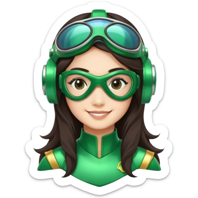 green Power Ranger, Asian girl with long, less wavy dark brown hair, side parting, smiling, wearing scuba goggles sticker