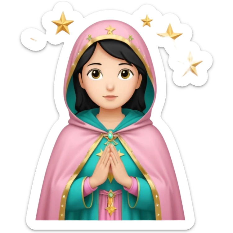 virgen maria catolica con vestido rosa palido. manto verde turquesa y pequeñas estrellas doradas, dispersas por el manto, muchas estrellas en su manto.con las manos juntas y de piel morena con pelo negro lacio sticker