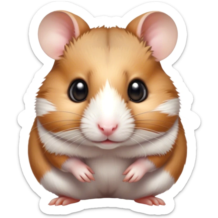 Cinematic Noble Brown and White Banded Hamster Portrait Emoji, Poised and regal, with a tiny, compact build and a uniquely patterned fur of warm brown and crisp white bands, deep-set soulful dark eyes, Simplified yet sharp and sophisticated features, highly detailed, glowing with a soft, dignified glow, high shine, intelligent and charming, stylized with an air of distinctive elegance, focused and attentive, soft glowing outline, capturing the essence of a watchful and confident rodent, so majestic it feels as though it could scurry out of the screen with effortless authority! sticker
