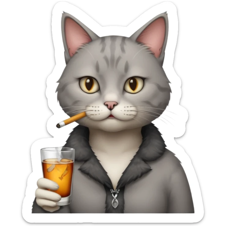 hazme a un gato fumando cigarro mientras toma alcohol y está depre sticker