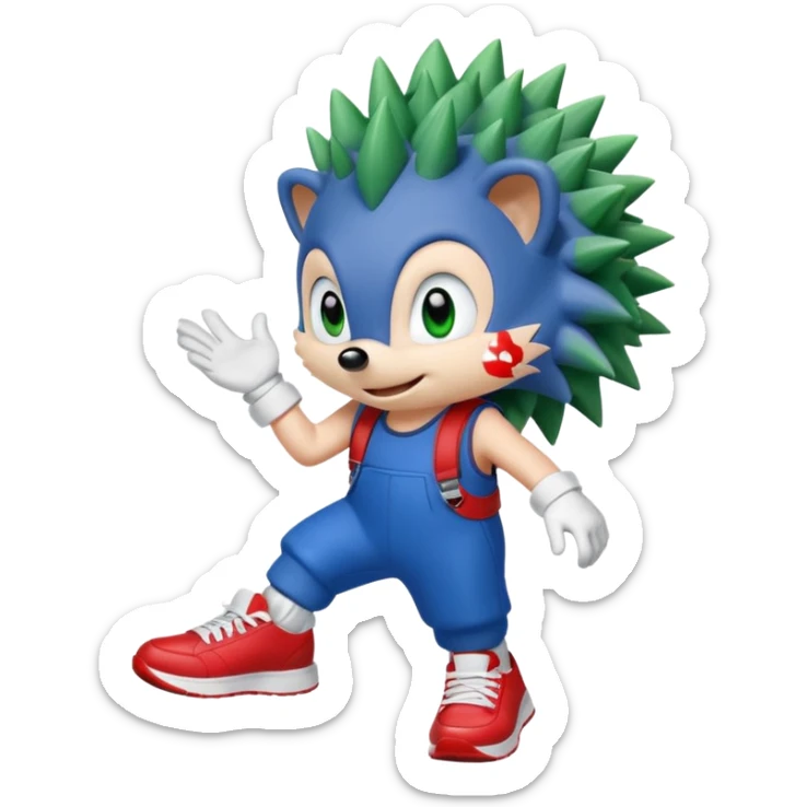 Blue anthropomorphic hedgehog, spiky hair, large green eyes, confident smile.Wearing red sneakers with white straps and white gloves. sticker