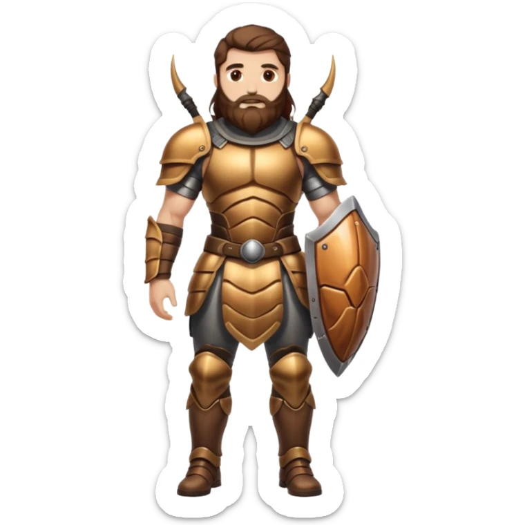 full body man long brown hair brown eyes medium beard white skin muscular build beetle shell armor sticker