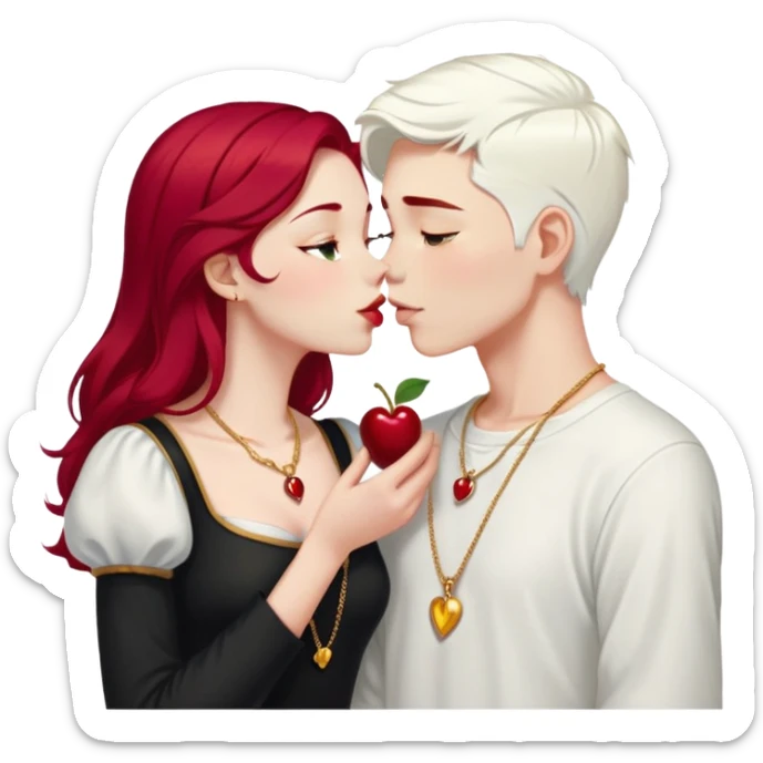 20 year old couple, boy with SHORT SNOW WHITE HAIR (completely WHITE), dark shirt, girl with long cherry red hair, light clothes, gold necklace, kissing sticker