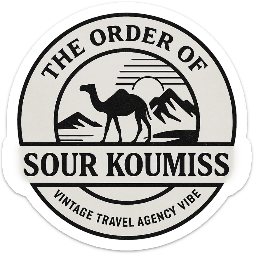 A black and white 90s-style logo for 'The Order of Sour Koumiss' with a vintage travel agency vibe, featuring a minimalist design sticker