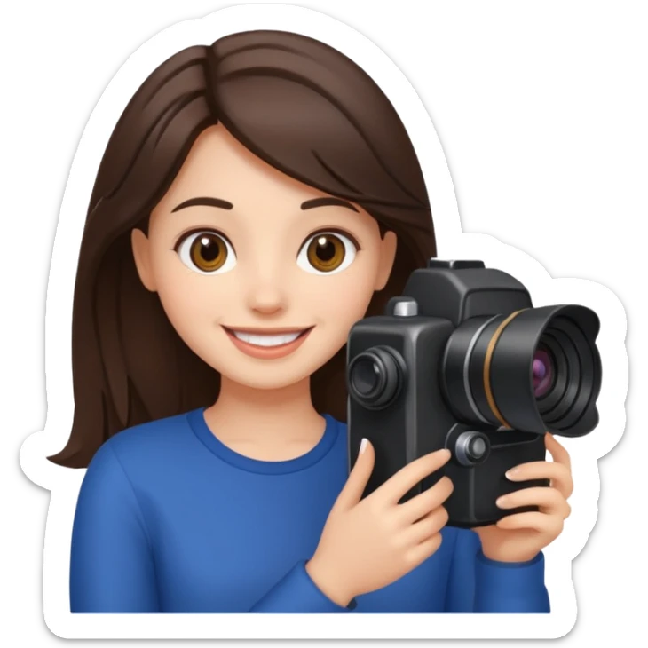 A brunette girl smiling, she’s a proud and successful filmmaker 🍿🌍✨ Holding a camera or behind / next to a camera, / holding awards  sticker
