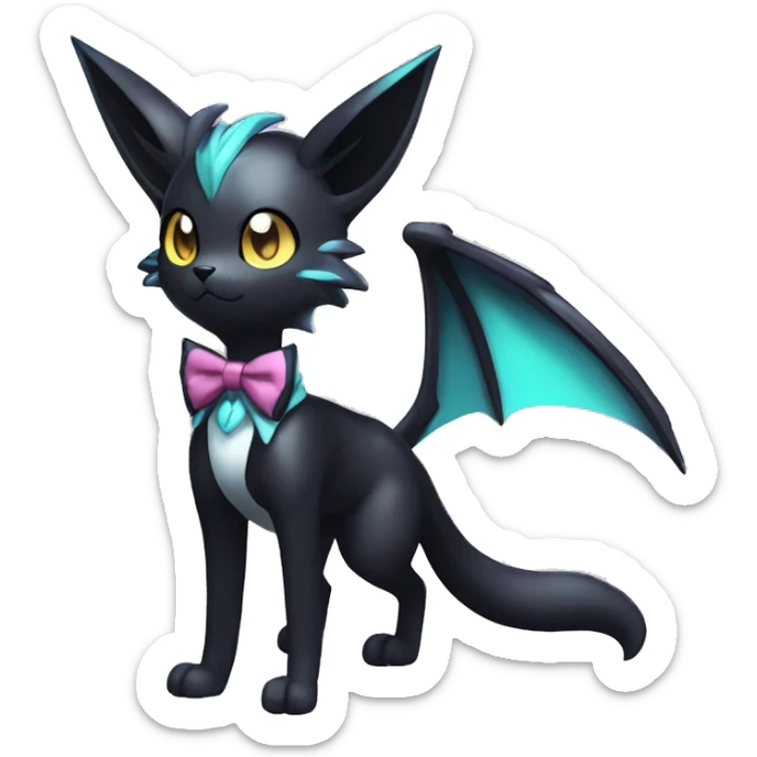Shiny Cool Edgy Black beautiful ethereal fantasy Kawaii Sona Umbreon-Noibat-Litten-Fakemon-cat-animal with edgy bat-ears bow tie black mane vtuber model Full Body sticker