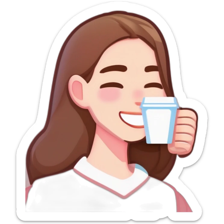 woman with pale skin and brown long thin straight hair wearing a white woolly shirt drinking coffee from a light pink takeaway cup eyes closed but smiling sticker