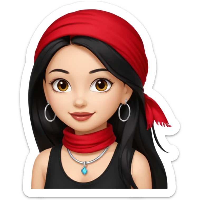 a pretty bratz girl with long black hair, kajal under eyes, small silver hoop. black tank top on. Red scarf around neck sticker
