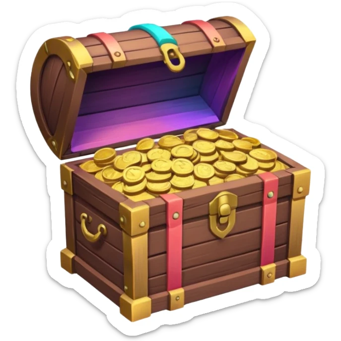 wooden brown treasure chest filled with coins pack in gradient of turquoise, blue, pink, purple, and coral sticker