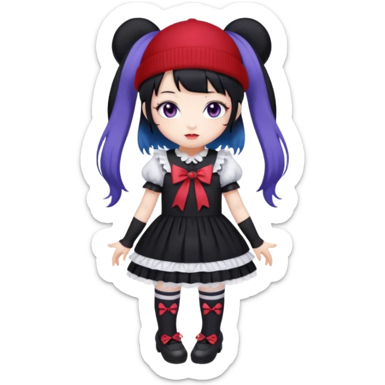 Chibi kawaii Kuromi, violet eyes, black-blue twin tails, red ribbons, red beanie, black & white lolita dress with red accents, white thigh-highs, black mary janes, cute aesthetic. sticker
