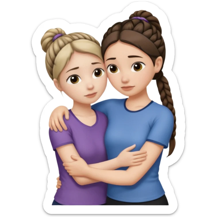 Comforting Hug two white skin women, one shorter woman with medium brown simple top ponytail, not braided, and one taller woman with a single long black side braid sticker