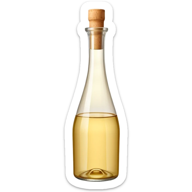 elegant upright glass bottle filled with pale golden white wine vinegar, slightly tall with smooth curves, narrow neck, simple light beige cork or cap, clear liquid with warm tint visible through transparent glass, no label or branding, soft lighting, subtle shadows, emoji scale sticker