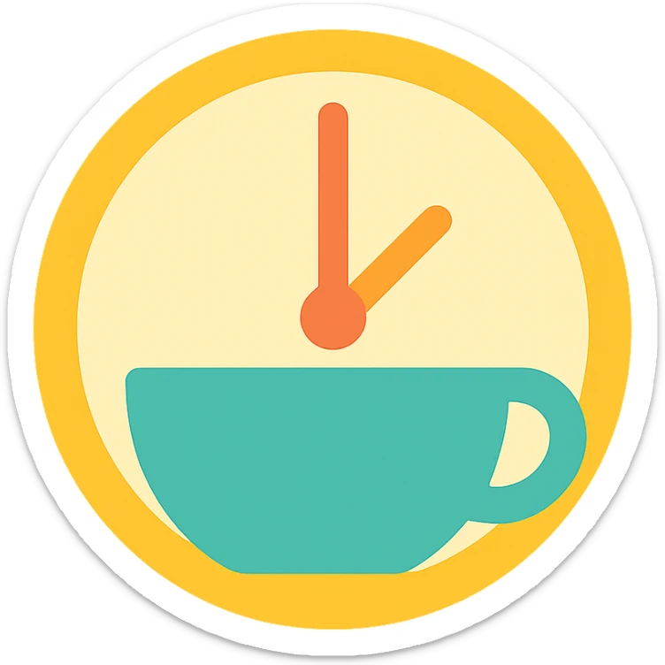 minimal flat icon of a clock with a tea cup as the face, bold colors, no outline sticker