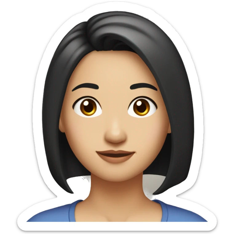 A head and shoulders shot of a 33 year old Asian woman, with straight black hair,   with brown eyes wearing a t-shirt. sticker