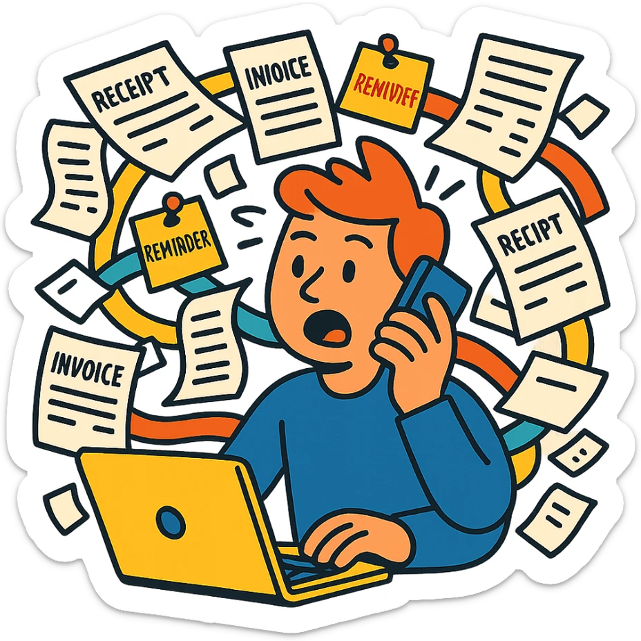 person holding a phone in one hand, laptop open in front, storm of receipts, invoices, and reminders swirling around, multitasking chaos sticker