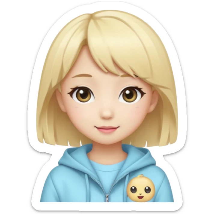 Cute kawaii emoji-style Japanese K-pop girl, blonde hair, trendy K-pop outfit with Japanese cute fashion vibes, big sparkling eyes, chibi proportions, clean lineart, pastel colors, cheerful idol smile, sticker/emoji style, transparent background sticker