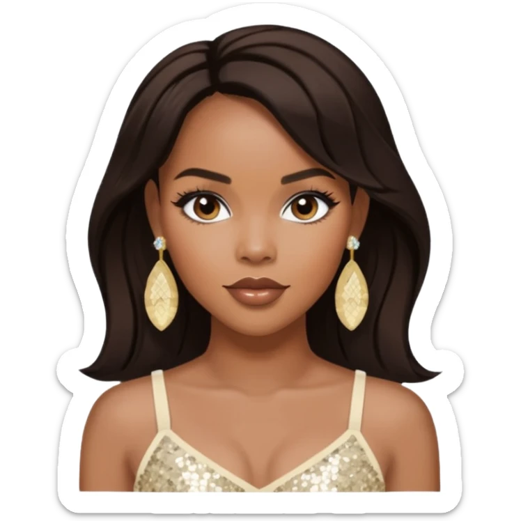 LeToya Luckett with long dark brown hair, ivory sequin crop top, ivory earring sticker