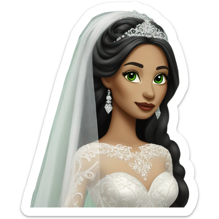 Hyper Realistic ornate ballgown long sleeve Wedding dress with diamanté on Russian bride with green eyes and long black hair with veil sticker