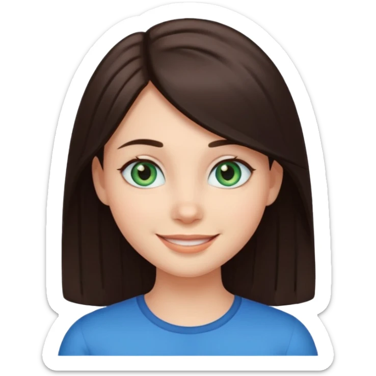 Create a girl with dark brown straight hair and bluey green eyes, cartoon emoji sticker