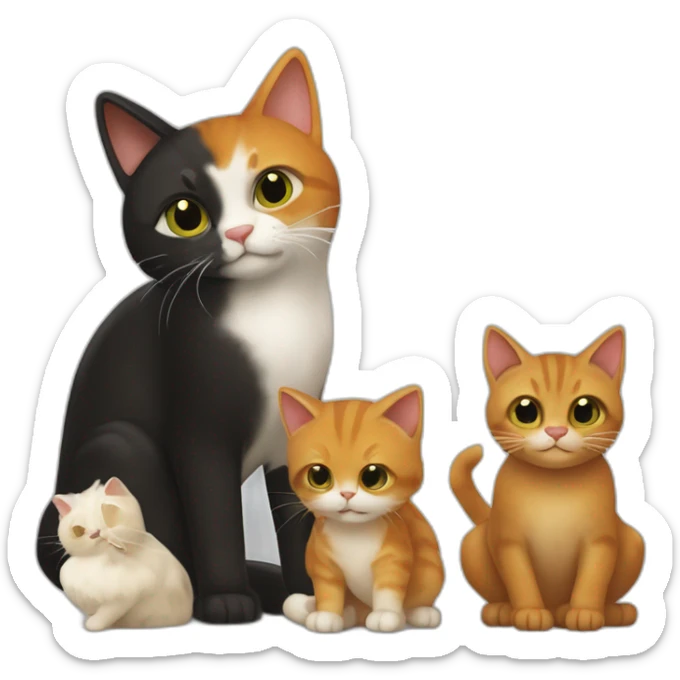 un chat roux, un chat noir en écaille tortue et un chat noir et des tâches blanches l'un à côté de l'autre sticker
