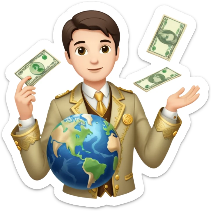 rich person holding the earth in one hand, dressed in fancy clothes with money flying around sticker