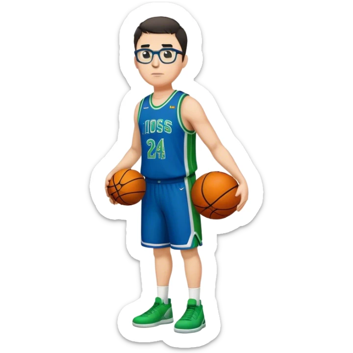 Full Body tall plus size white male with dark short hair basketball player wearing glasses wearing blue green uniform sticker