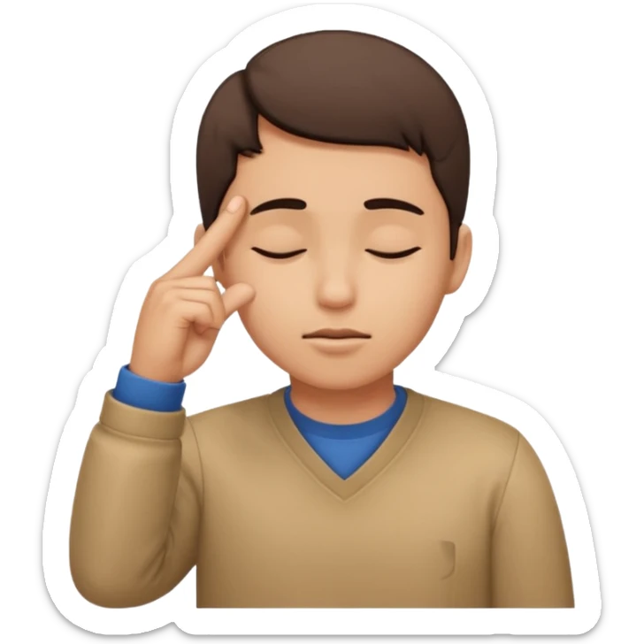 Una persona tocándose la cabeza por la 100 con un dedo índice y los ojos serrados  por arriba de la oreja con una sola mano sticker