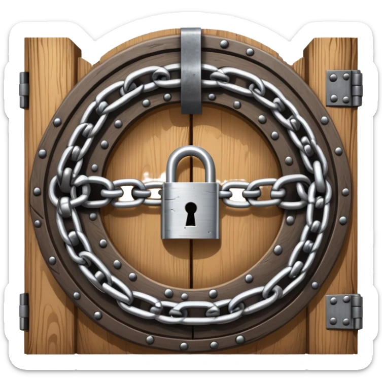 A heavy metal chain wrapped around a round wooden door with a padlock securing it sticker