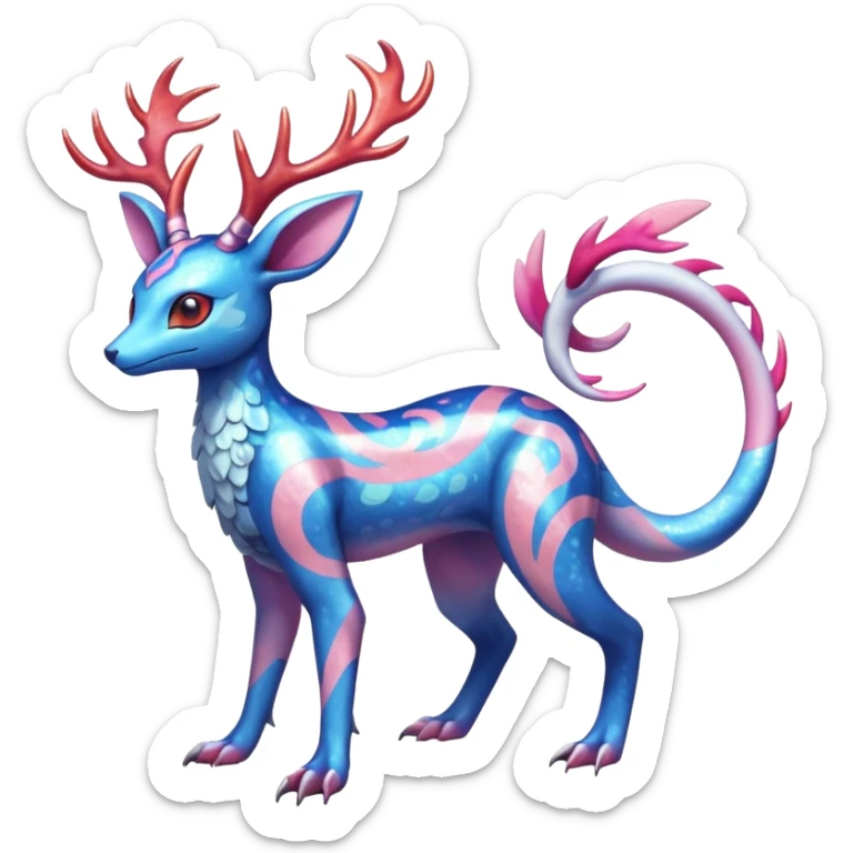 Shiny Heliolisk-Sylveon-Salandit-Amaura-Fakémon-hybrid-creature (full body)  with antlers sticker